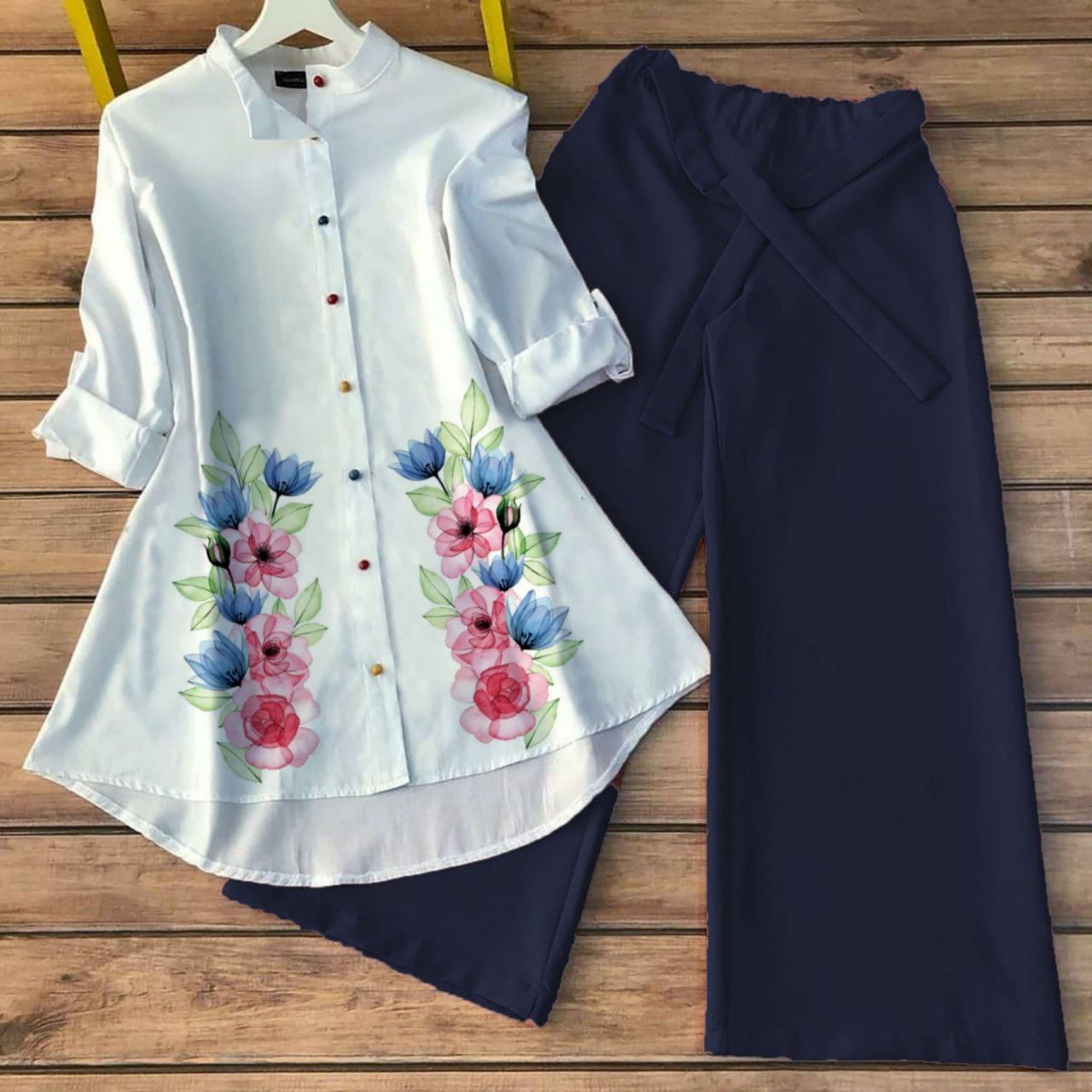 Poly Rayon Co-ord Set with Floral Digital Print and Gaj Buttons