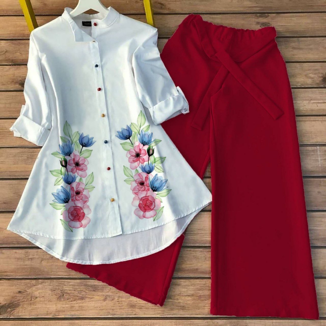Poly Rayon Co-ord Set with Floral Digital Print and Gaj Buttons