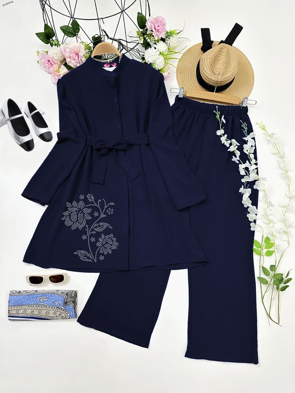 Rayon Kurti Co-ord Set with Diamond Work and Belted Style