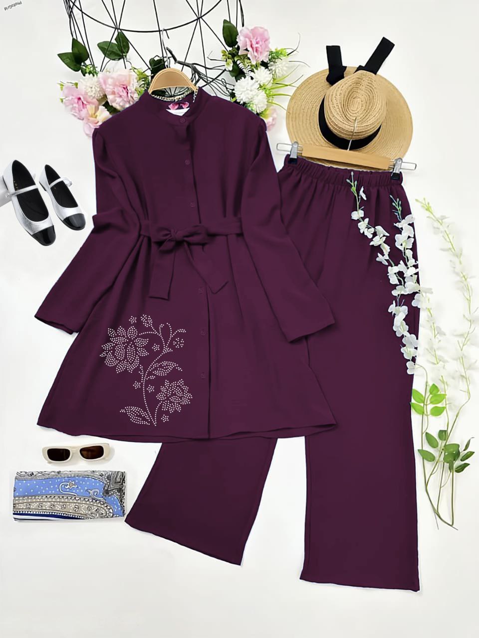 Rayon Kurti Co-ord Set with Diamond Work and Belted Style