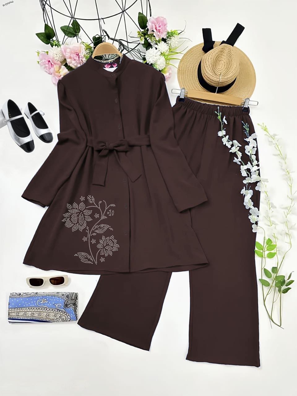 Rayon Kurti Co-ord Set with Diamond Work and Belted Style
