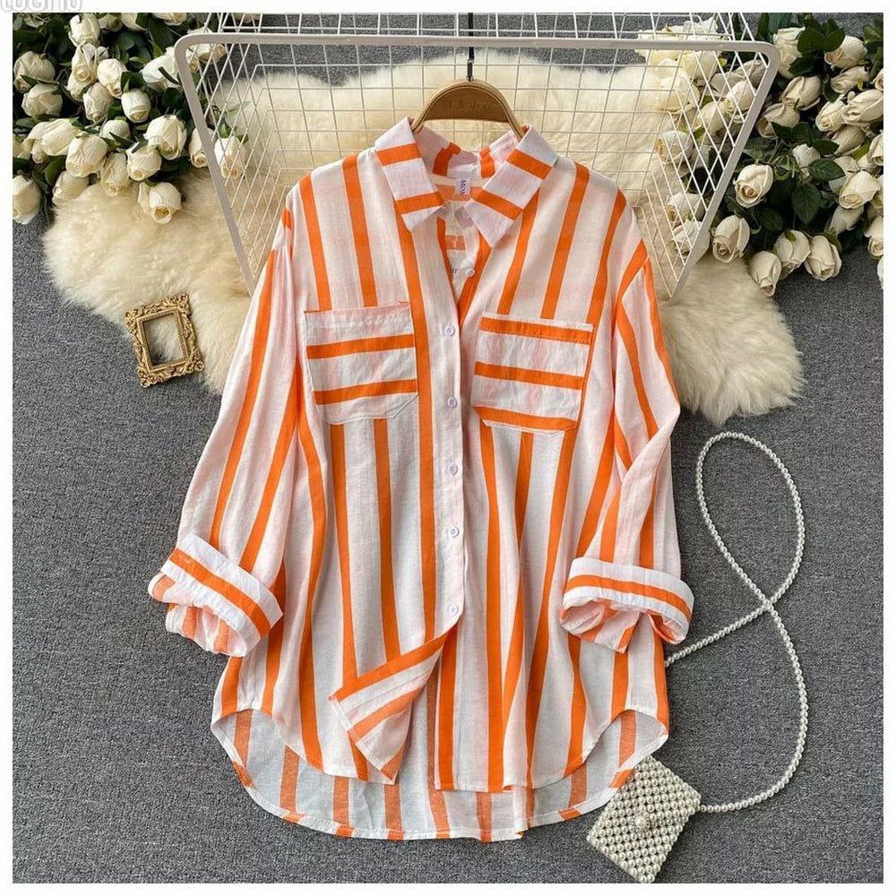 Rayon Top with Striped Digital Print and Dual Pockets