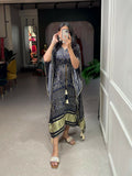 Satin Printed Kaftan with Gold Lace Detailing and Tassel Tie