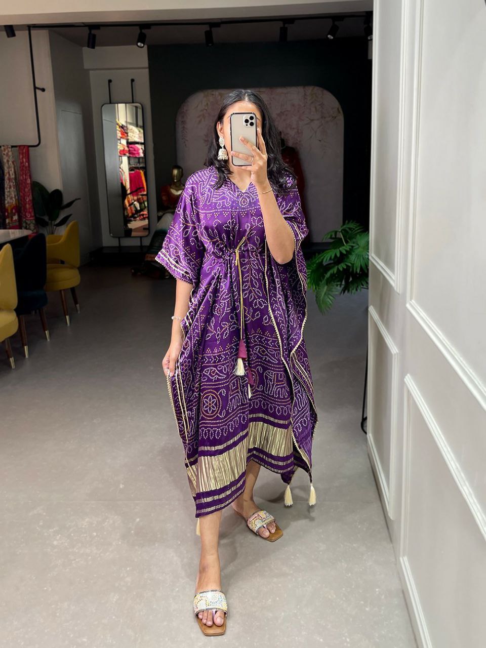 Satin Printed Kaftan with Gold Lace Detailing and Tassel Tie