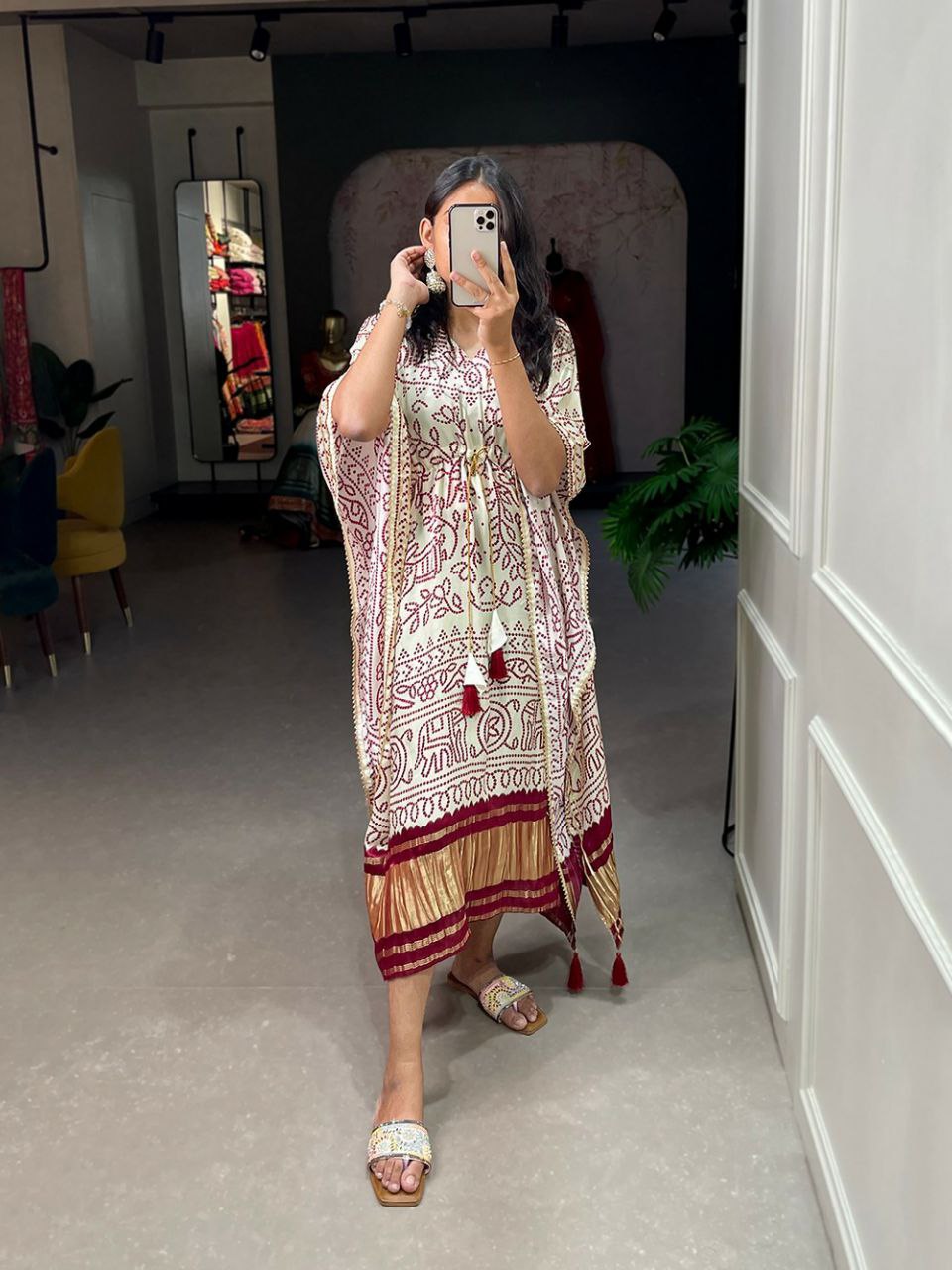 Satin Printed Kaftan with Gold Lace Detailing and Tassel Tie